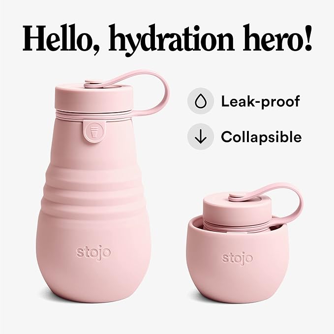 STOJO Jr Collapsible Bottle for Kids - Carnation Pink, 14oz / 400ml - Leak-Proof Reusable Silicone Travel Cup for Hot & Cold Drinks - For Home, On-The-Go Camping & Hiking - Microwave & Dishwasher Safe