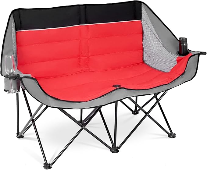 Double Camping Chair Outdoor 2-Seater Oversized 2 Person Portable Folding Lawn Chair with Cup Holders & Mesh Storage Pocket for Picnic, Camping, Beach, Sports, Hiking
