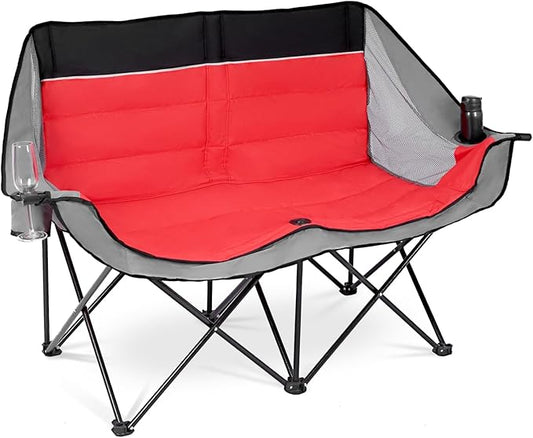 Double Camping Chair Outdoor 2-Seater Oversized 2 Person Portable Folding Lawn Chair with Cup Holders & Mesh Storage Pocket for Picnic, Camping, Beach, Sports, Hiking