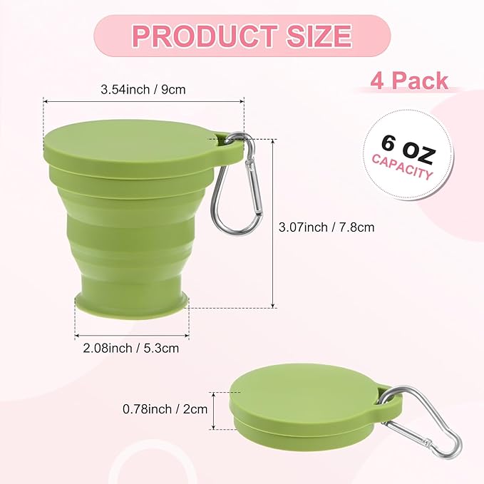 4 Pack Collapsible Travel Cup, 6oz(180ml) Silicone Portable Foldable Water Cup Bottle with Spring Buckle for Travel/Camping/Hiking, Reusable [Green]