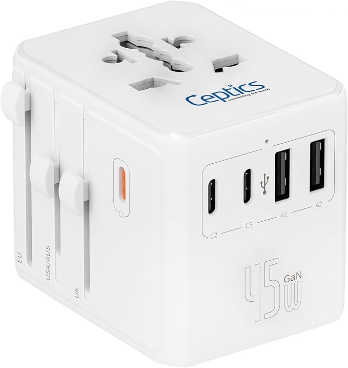 Ceptics Universal Travel Adapter for EU, UK, US, AU and More, 8 in 1 Travel Adapter, 2X US Socket, Universal Socket, 3X USB-C and 2X USB-A, 45W Fast Charge – UP-30KU-WH