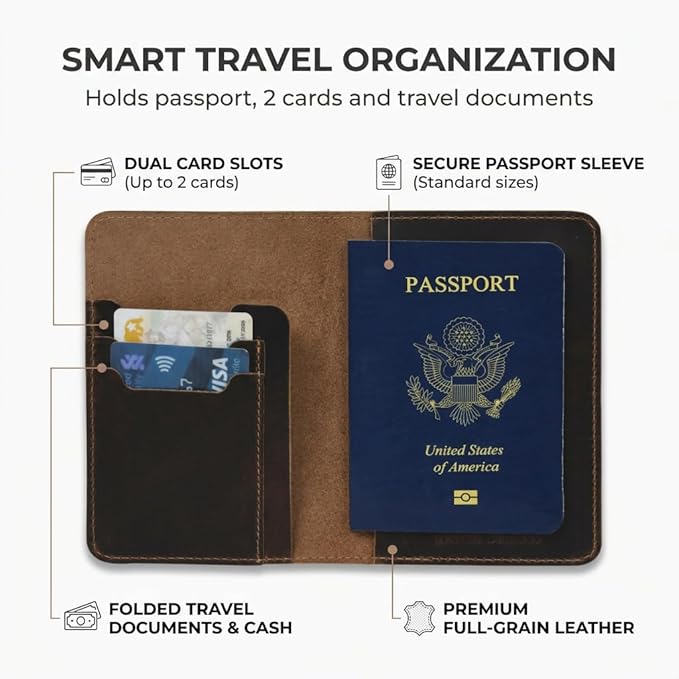 Rustique Leather Passport Holder Collection - Handmade Travel Wallet & Organizer - Full Grain Crazy Horse Leather Covers for Men & Women (Multiple Styles) (Vertical Wallet - Smoky Bourbon)