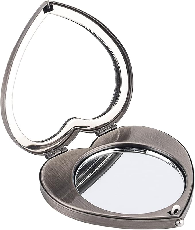 Mini Vintage Heart Elegant Metall Makeup Mirror, Portable 1X/2X Magnifier (Silver)