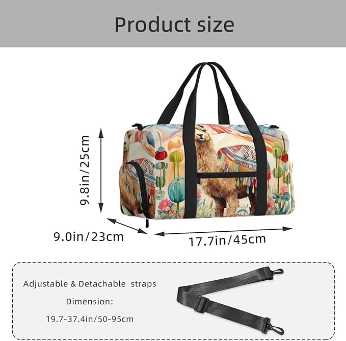 Sports Gym Bag Watercolour Camel Cactus Alpaca Travel Duffel Bag With Shoe Compartment Shoulder Strap, Lightweight Water-Resistant Weekend Overnight Totes For Women Men