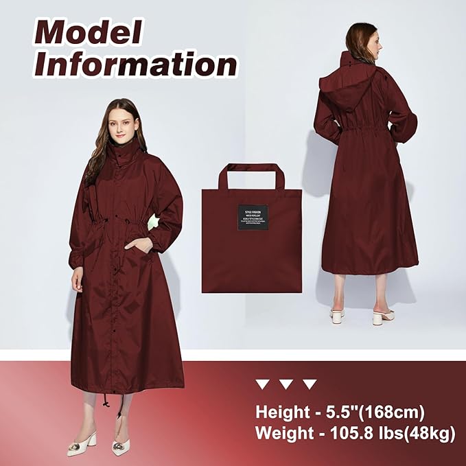 LAMA Womens Long Raincoats Rain Jacket Waterproof Packable Hooded Windbreaker Lightweight Adjustable Waist for Outdoor