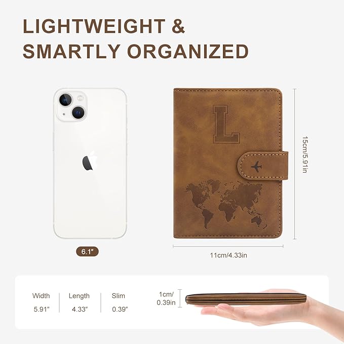 Personalized Passport Holder – Initial Letter Passport Cover with RFID Blocking, Holds 2 Passports, Slim PU Leather Unisex Travel Wallet, Brown L
