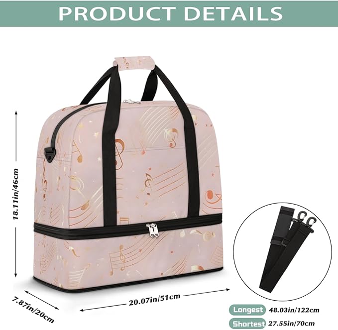 Pink Gold Musical Note Large Weekender Bag with Shoe Compartment Travel Duffel Bags for Women Carry On Hospital Overnight Bag Foldable Personal Item Travel Bags Tote Gym Sports Airplanes