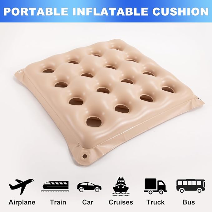 2-Pack Waffle Inflatable Seat Cushions with Pump, 18 Inch Beige 16-Hole Air Cushion for Pressure Relief, Wheelchair, Office Chair, Car Seat & Travel (Beige)