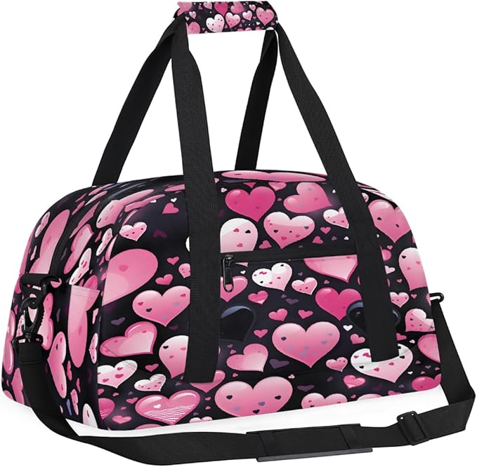 Pink Black Heart Pattern Sports Duffel Bags, Water-Resistant Gym Duffle Bag for Men Women, Lightweight Weekender Overnight Bag for Fitness, Workout, Travel