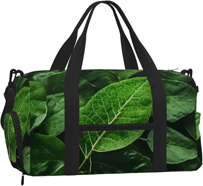 Green Leaf Nature Print Gym Bag with Shoe Compartment for Women Men, 17.7in Sports Duffle Weekender Tote, Overnight Travel Duffel Bag Carry On