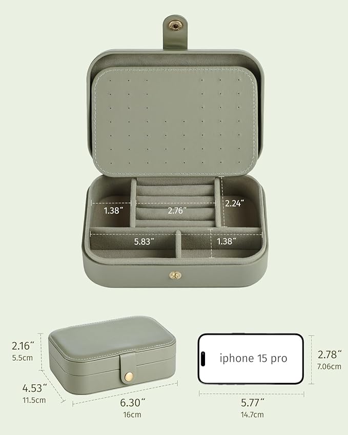 Jewelry Travel Case, Portable Travel Jewelry Box for Women, PU Leather, Snap Closure, Jewelry Holder Organizer Travel Essentials, Green