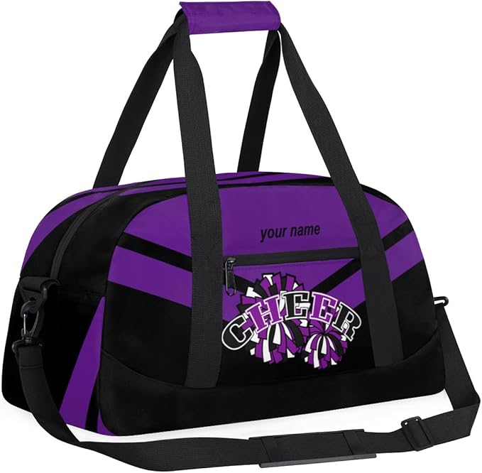 Custom Name Black Purple Cheerleading Squad Gym Travel Duffle Bag with Front Zipper Pocket Personalizedfor Sports Bag for Overnight, Weekender, Carry On,Workout & Dance, 18.9 * 8.7 * 10.6 in