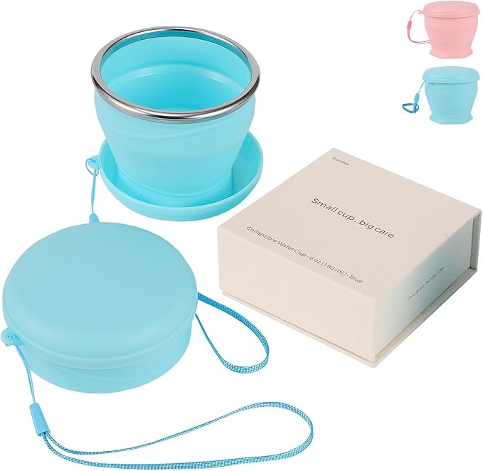 Qiao&Kai Collapsible Cup 6oz(180ml), Silicone Folding Travel Cup, Cup for Traveling, Camping, Gym,Kids, Daily Use – BPA-Free, Eco-Friendly,with Gift Box (Blue)