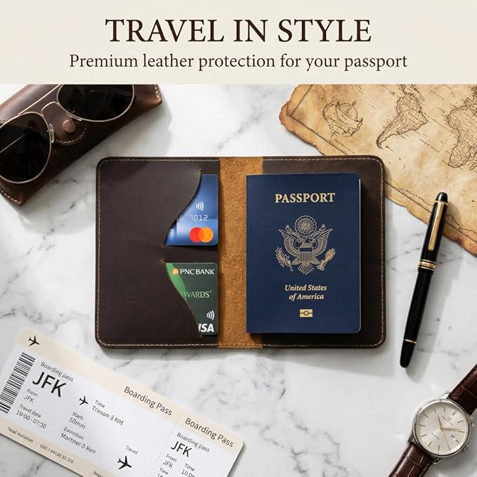 Rustique Leather Passport Holder Collection - Handmade Travel Wallet & Organizer - Full Grain Crazy Horse Leather Covers for Men & Women (Multiple Styles) (Executive Wallet - Tobacco & Honey)