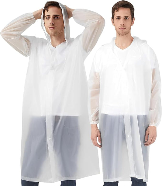 Rain Ponchos Raincoats for Adults, 2 Pcs Reusable Rain Jacket Coats with Hoods and Sleeves for Men Women (White)