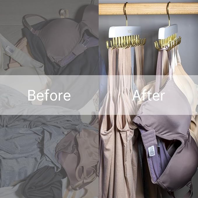 Bra Hanger for Closet Organizers and Storage | Space Saving Wooden Hanger | 20 Steel Hooks for Tank Tops, Camis, Hats, Lingeries, Belts, Ties, Scarfs Holder| 360° Rotating Non-Slip (1, White)