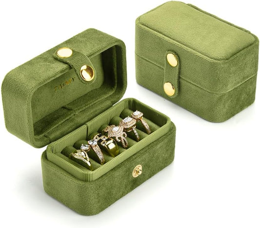 Travel Jewelry Case, Portable Pocket Size Small Plush Velvet Ring Box for Women, Mini Ring Holder and Organizer with 7 slots for purse(Avocado Green)