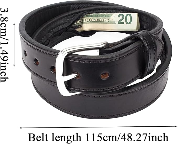 Leather Money Belt for Men with Hidden Zipper Pocket - Full Grain Travel Security Belts with Secret Compartment for Cash Cards, Anti-Theft Safe Storage Belt for Business Travel Dad Husband Boyfriend