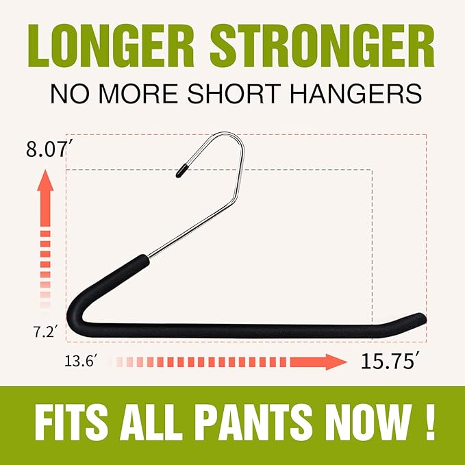 Spring Fever Open Ended Non Slip Sponge Padded Pants Hangers - Chrome Plating Foam Heavy Duty Space Saving Black Long 10