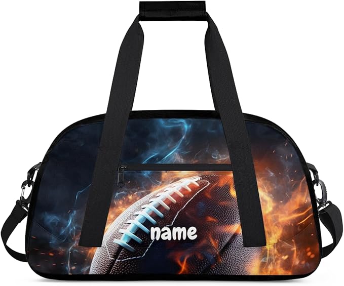 Personalized Boys Gym Bags, Custom Name Sport Bags for Training Travel Overnight Weekender Flame American Football
