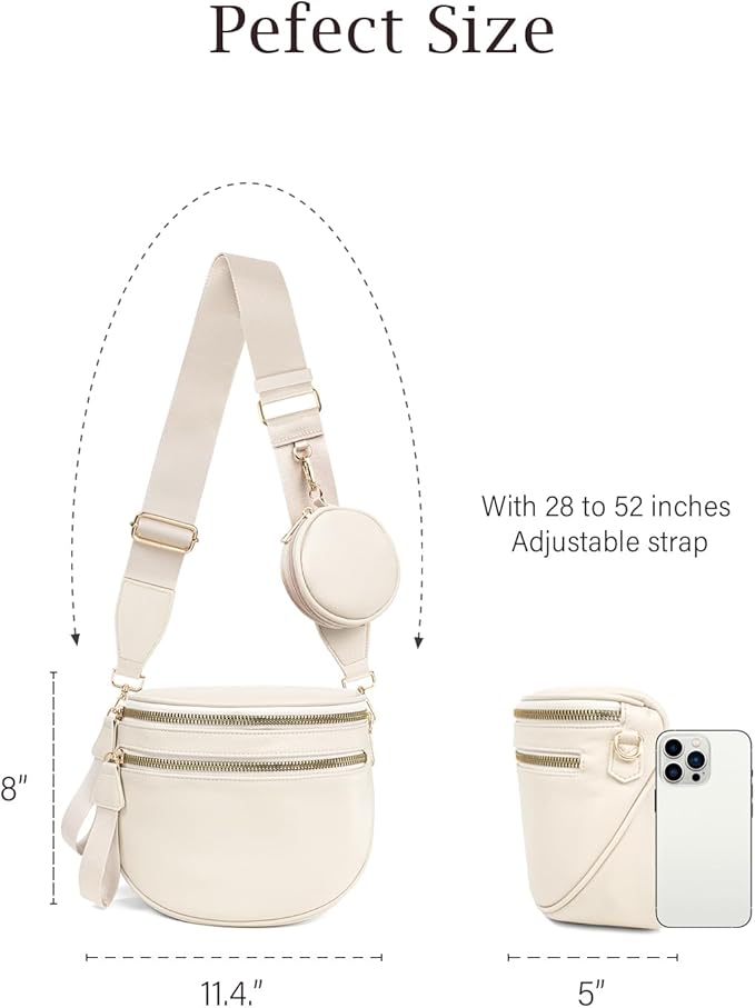 Valentoria Fashionable Womens Leather Waist Bag Crossbody Bag Detachable Wallet Adjustable Shoulder Strap (Beige)