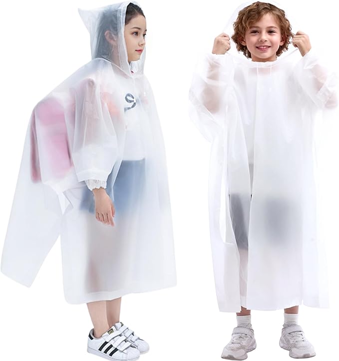 DZTSMART Reusable Waterproof Kids Rain Ponchos 2 Packs - 8-14Y, Hood & Sleeves, Park Essentials