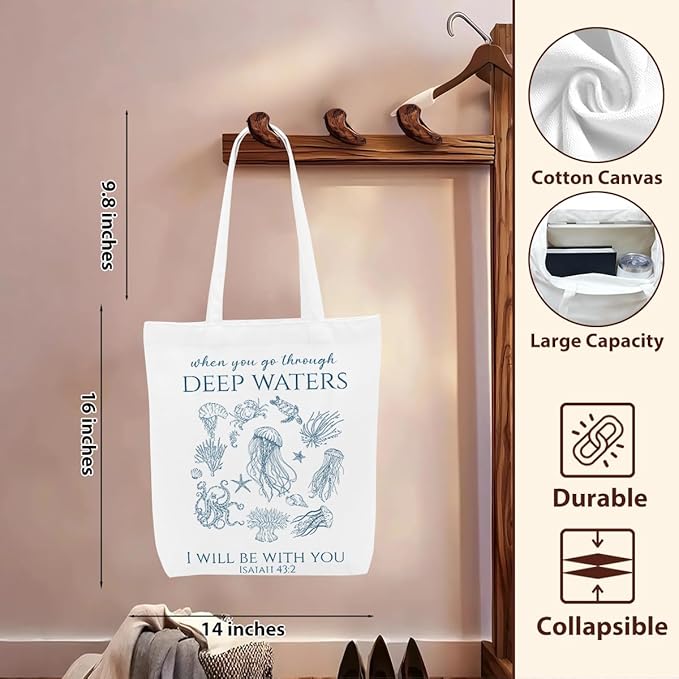 Floral Beach Whale Shark Gifts Jellyfish Christian Canvas Tote Bag for Work Totes for Women Christmas Bible