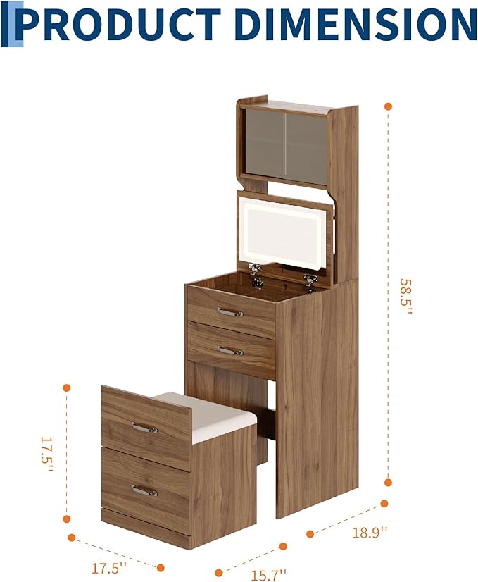 Garvee 3 in 1 Vanity Desk with 3 Color LED, Compact Makeup Vanity Set with 2 AC Outlets & USB, Dressing Table with Drawers & Acrylic Doors, Nightstand Vanity Mirror, Jewelry Box, Hidden Chair, Walnut