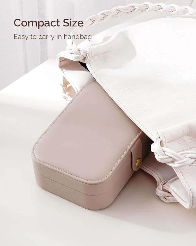 Jewelry Travel Case, Portable Travel Jewelry Box for Women, PU Leather, Snap Closure, Jewelry Holder Organizer Travel Essentials, Light Taupe