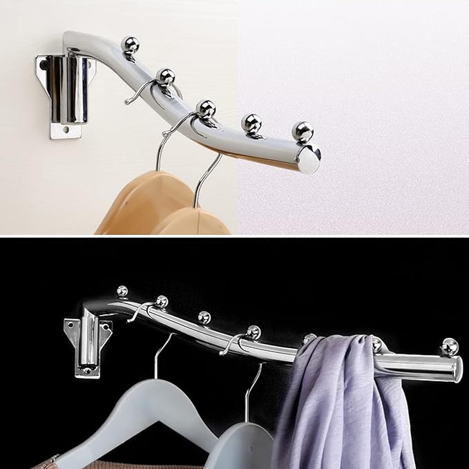 Folding Wall Mounted Clothes Hanger Rack, Stainless Steel Garment Hooks with Swing Arm Holder, Space Saver Clothing Hanging System Closet Storage Organizer with Screws for Bedroom Laundry Room, 1 Pack
