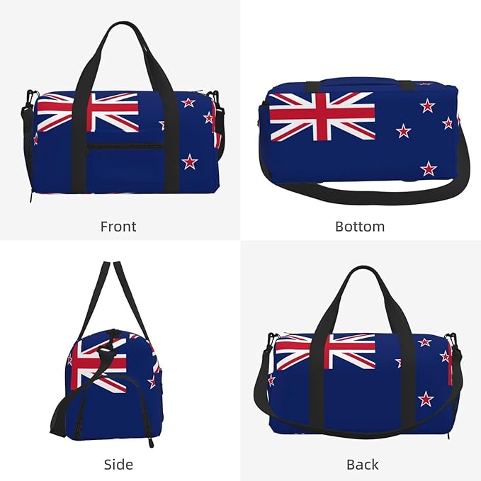 New Zealand Flag Print Gym Bag with Shoe Compartment for Women Men, 17.7in Sports Duffle Weekender Tote, Overnight Travel Duffel Bag Carry On