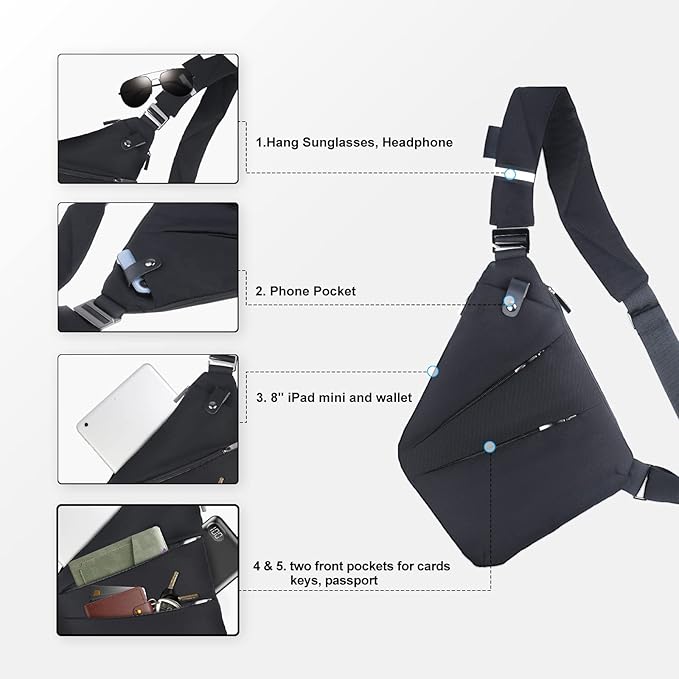 VADOO Sling Bag for Men and Women, Anti theft Crossbody Bag Lightweight Shoulder Chest Bag for Travel Gym Running