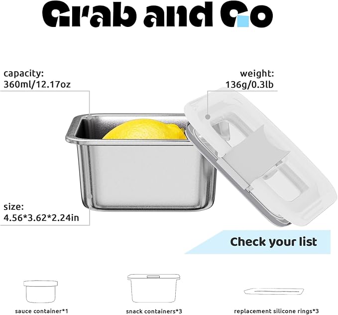 Stainless Steel Snack Box Containers for Kids, 3 Packs 12 oz Leak-Proof Microwave-safe Small Food Storage Container with Lid, Metal Compact Bento Lunch Box Container for School Travel