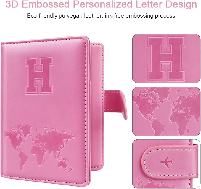Passport Holder Cover Initail Letter A-Z Travel Wallet Embossed Design RFID Blocking Card Holder Personalized Gift Passport Cover Wallet, Passport Book Holders for Women and Girls, Pink-H