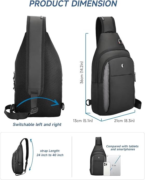 Anti-Theft Sling Bag for Men, Water Resistant Crossbody Backpack, Travel Hiking Chest Pack Fits iPad Mini & Switch 2 | lightweight, Built-in Audio Port, Reversible Strap, Tough & Splashproof, Versatile Daypack, mens crossbody bag