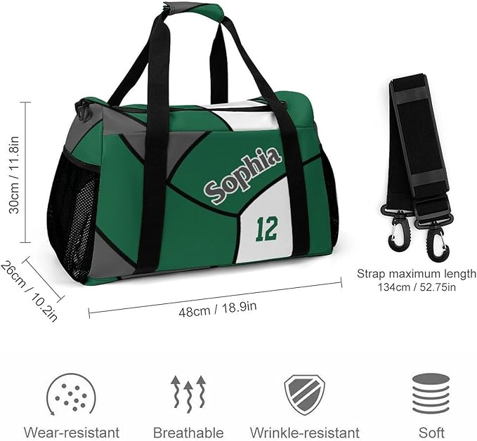 Custom Volleyball Green Duffel Bag with Name Personalized Travel Bags Sport Gym Bag Carry On Weekender Bags for Men Women