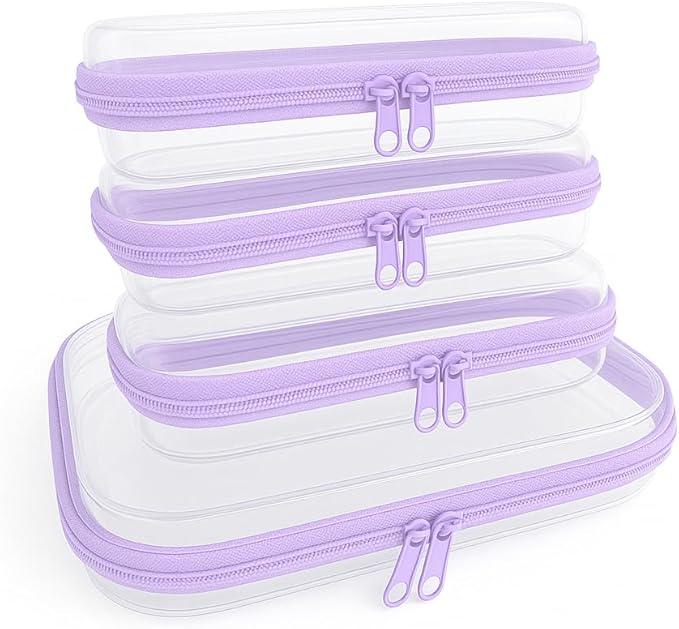 4Pcs/3S+1M Clear Hard Shell Zippered Travel Case – Plastic Organizer Pouch for Toiletries, Cosmetic Bag, Diaper Bag & Packing Accessories (Purple, Set B)