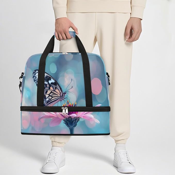 Pink Flower Butterfly Large Weekender Bag with Shoe Compartment Travel Duffel Bags for Women Carry On Hospital Overnight Bag Foldable Personal Item Travel Bags Tote Gym Sports Airplanes