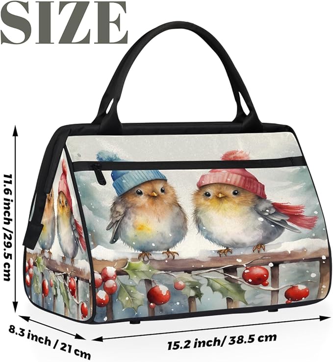 Winter Bird Holly Leaf Overnight Weekender Bags for Women Men, Waterproof Travel Carry On Duffel Bag, Lightweight Sports Gym Bag for Fitness, Workout, Travel