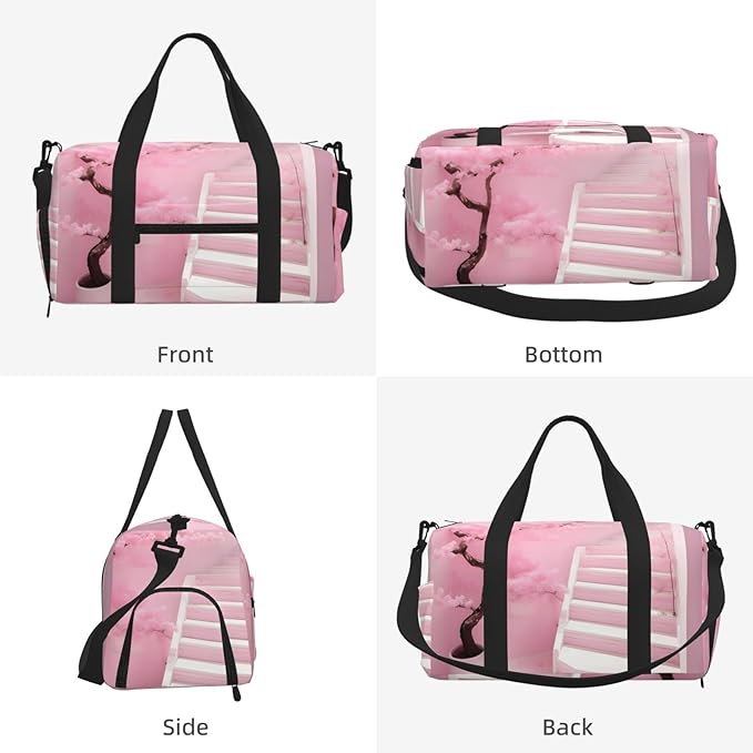 Cherry blossom white staircase Print Gym Bag with Shoe Compartment for Women Men, 17.7in Sports Duffle Weekender Tote, Overnight Travel Duffel Bag Carry On