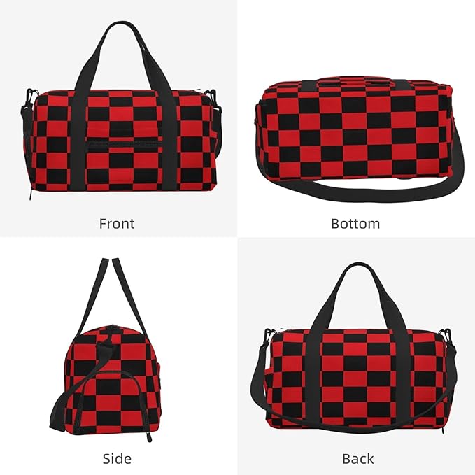 Sports Gym Bag Black Red Checkerboard Grid Travel Duffel Bag With Shoe Compartment Shoulder Strap, Lightweight Water-Resistant Weekend Overnight Totes For Women Men