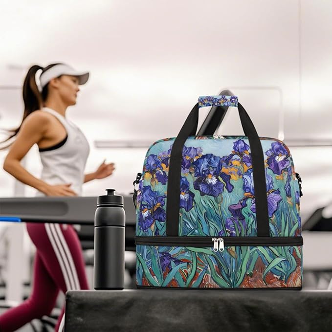 Purple Flowers Green Leaves Large Weekender Bag with Shoe Compartment Travel Duffel Bags for Women Carry On Hospital Overnight Bag Foldable Personal Item Travel Bags Tote Gym Sports Airplanes