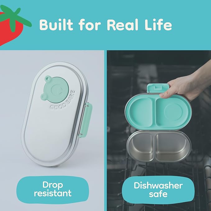 Good Bare Stainless Steel Snack Container for Kids – 2 Compartment Metal Bento Box, Leakproof, Non-Toxic, Easy-Open Latch, Dishwasher Safe, Small Snack Pack, Perfect for On-the-Go (Mint Green)