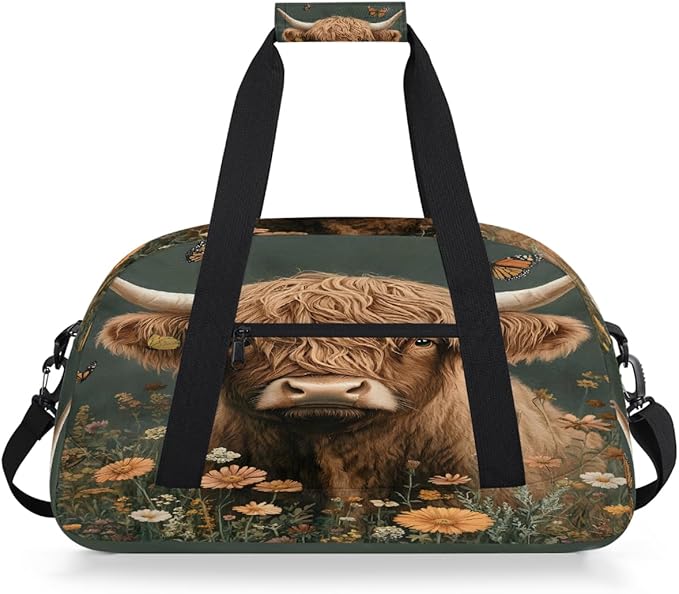 Travel Duffle Bag for travel duffle bag sports Girls Boys Kids Cow High Mountain Cattle Lightweight Overnight Sleepover Weekender Bags Small Dance Gym Sport Bag Teens Carry-On Size Workout Bag
