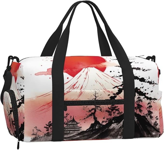 Sports Gym Bag Japan Traditional Sun Fuji Mountain Art Painting Travel Duffel Bag With Shoe Compartment Shoulder Strap, Lightweight Water-Resistant Weekend Overnight Totes For Women Men