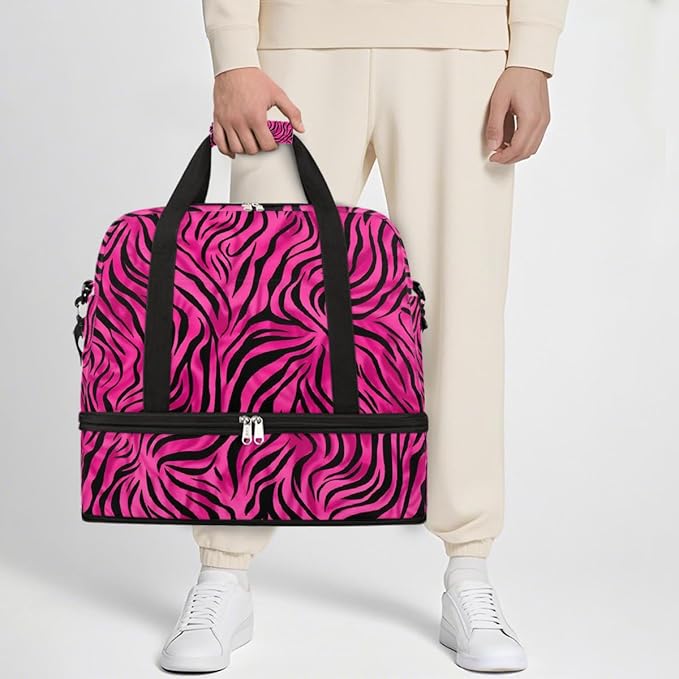 Pink Zebra Print Sports Duffel Bag Lightweight Gym Bag with Shoe Compartment Waterproof Travel Weekender Bag for Women and Men