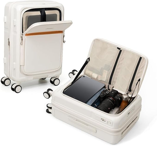 ROAMING Expandable 24-Inch Checked Luggage with Mute Brake Wheels Airline Approved Hard Shell Suitcases with Front Pocket Top Opening Luggage with TSA Lock for Short Business Travel, Beech white