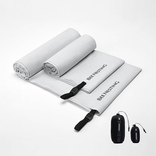 Bee Nesting Ultralight Quick Dry Towel - Medium&Small 2 Pack Microfiber Towels with Compact Packable Pocket for Lightweight Backpacking Travel, Beach, Gym, Camping & Hiking(Gray, M&S 2 Set)