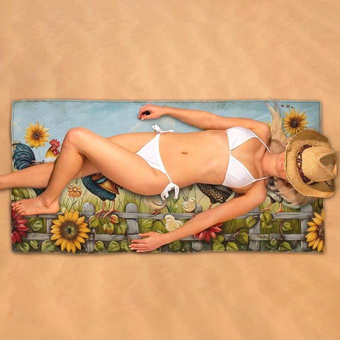Rooster Sunflower Flowers Beach Towel, Large Microfiber Quick Dry Lightweight Pool Bath Towels Sand Free Beach Blanket for Summer Cruise Yoga Camping Travel Vacation Essentials 31 x 61 in