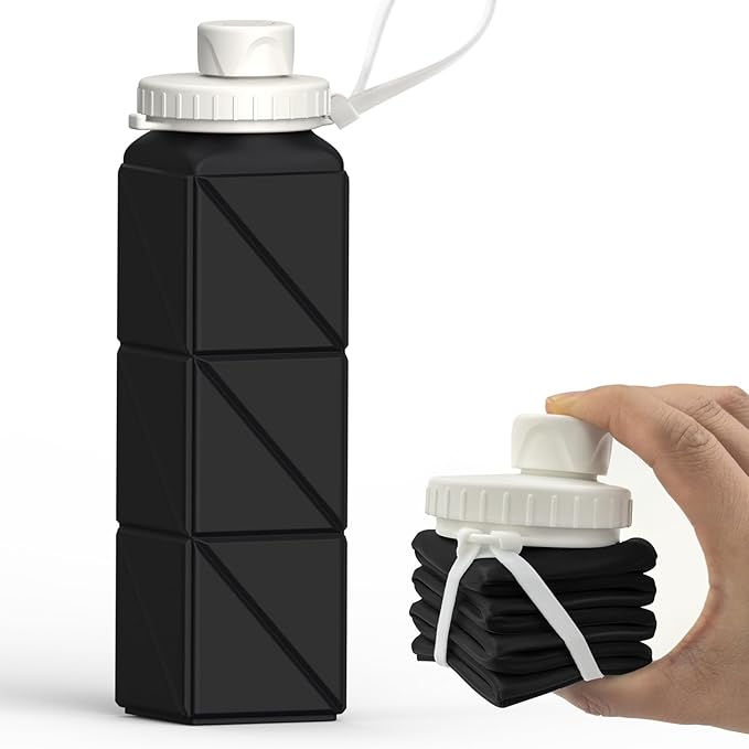 Collapsible Water Bottles 20.6oz, Silicone Foldable Portable Travel Water Bottle, BPA-Free, Leakproof Reusable for Traveling Camping Hiking Cycling Yoga Sports Outdoor, 1 Pack (Black)